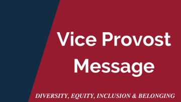 Dark blue angled and dark red background with white text that says vice provost message